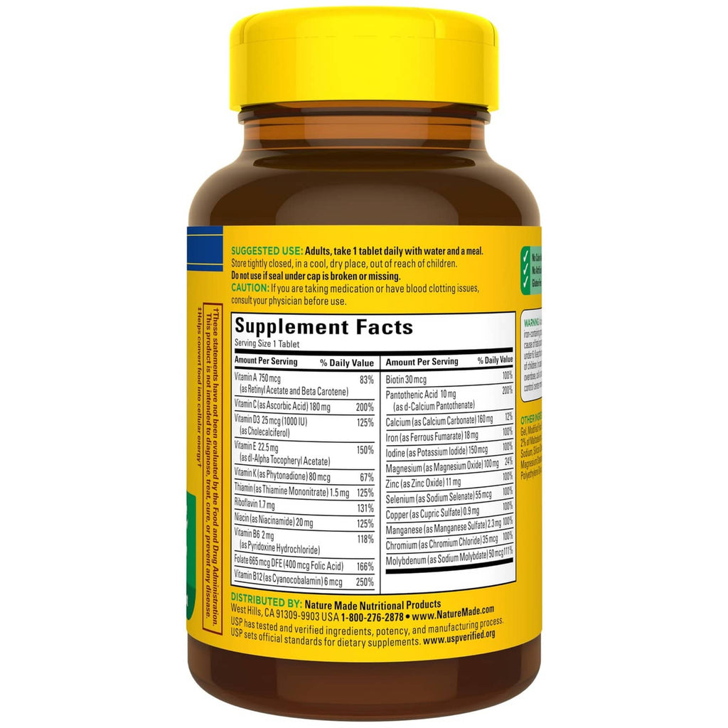 Nature Made Multi multivitamin bottle back label with Supplement Facts