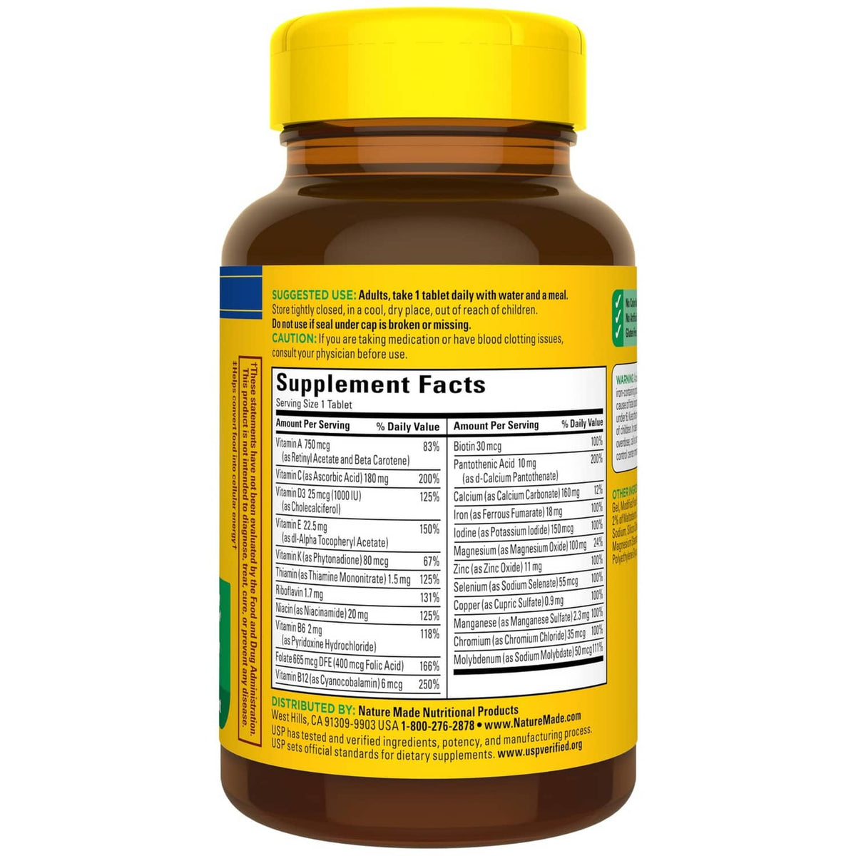 Nature Made Multi multivitamin bottle back label with Supplement Facts