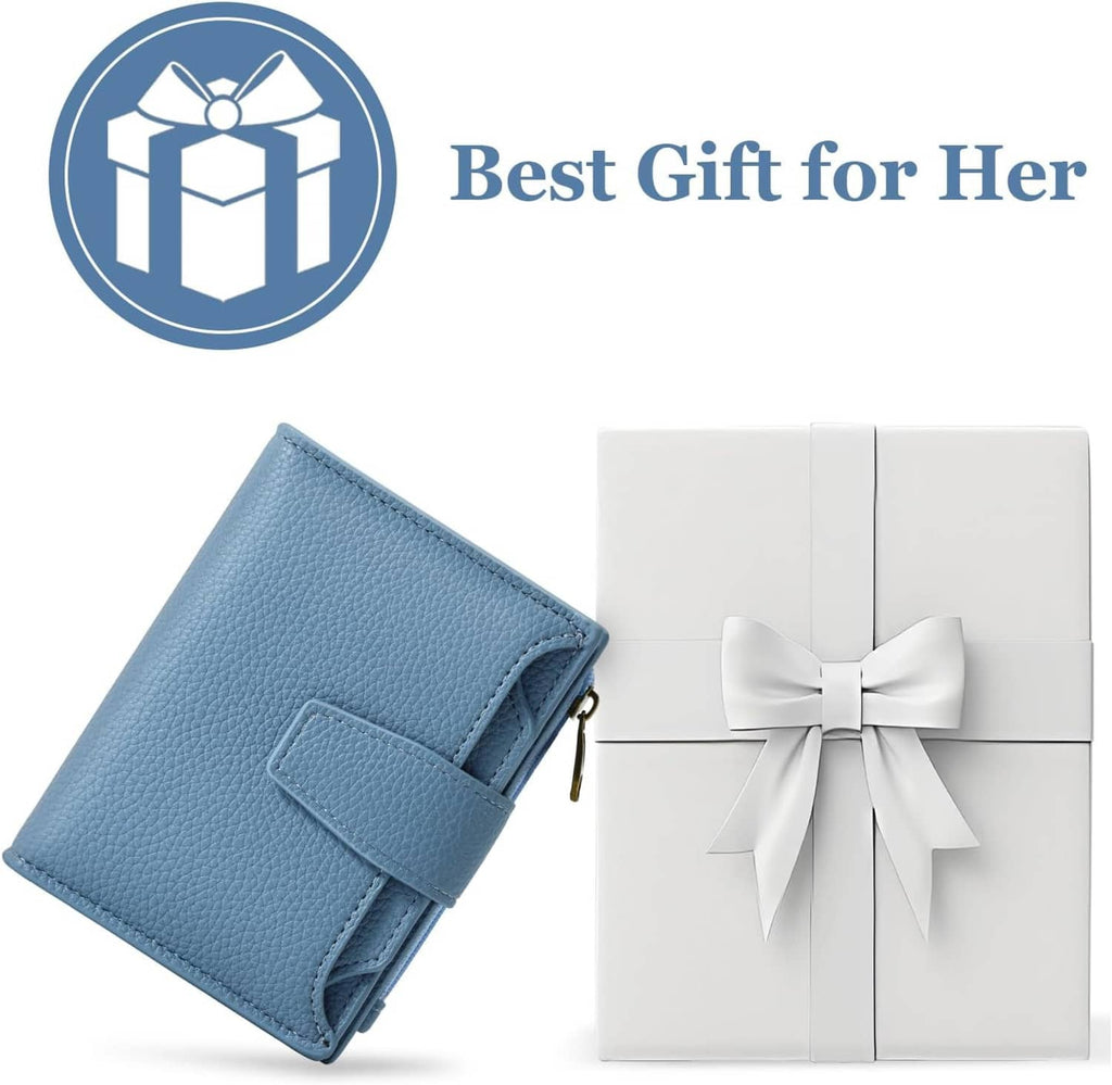 Sky blue compact bifold wallet with front tab and gold-tone zipper closure