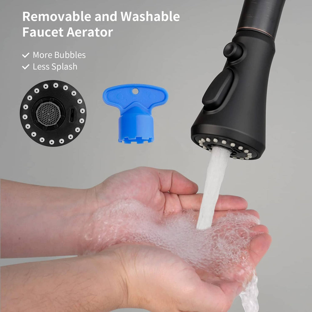 Matte black faucet aerator face with removable tool and running water