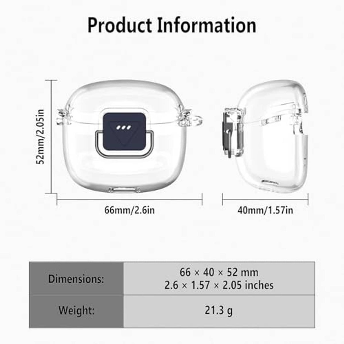 Clear TPU earbud case shown in front and side views with size layout labels