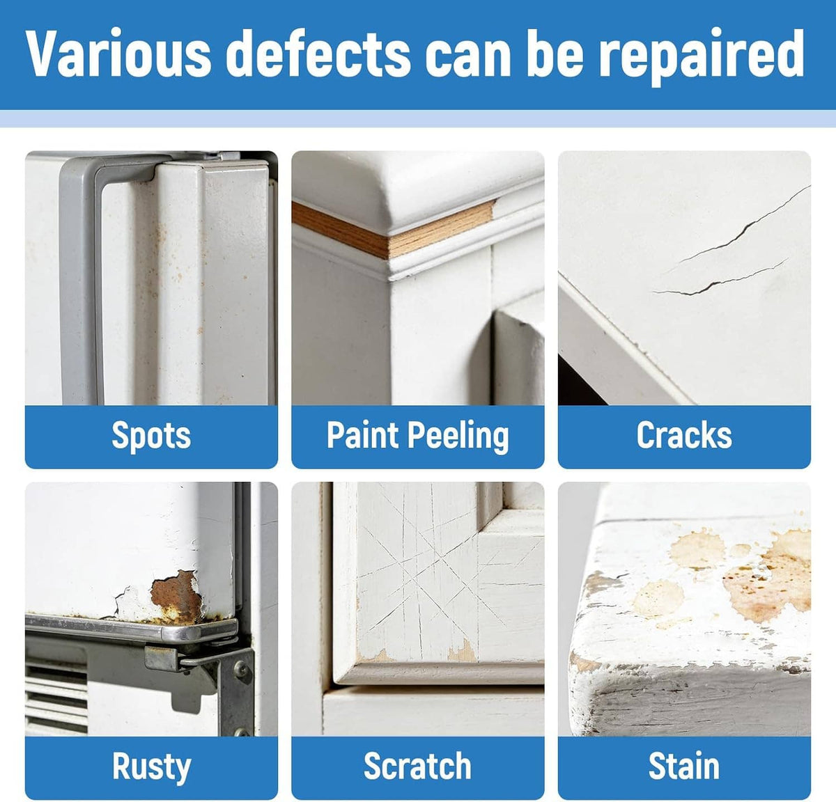 Multi-surface touch-up paint repair infographic showing spots, peeling, cracks, rust, scratch, stain