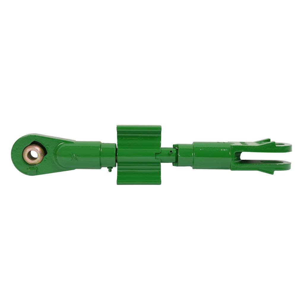 Green 3-point lift link with centered guard and split fork end