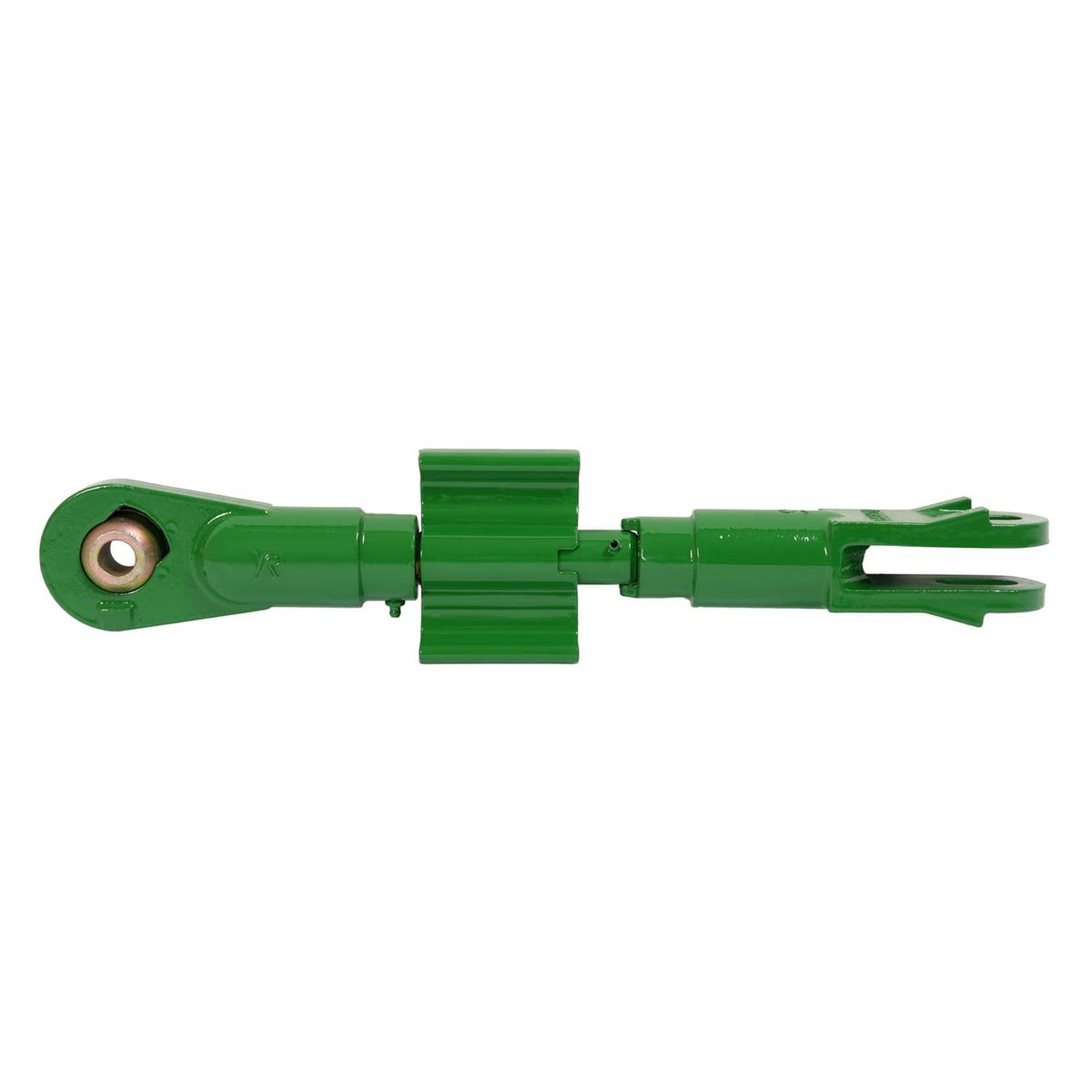 Green 3-point lift link with centered guard and split fork end
