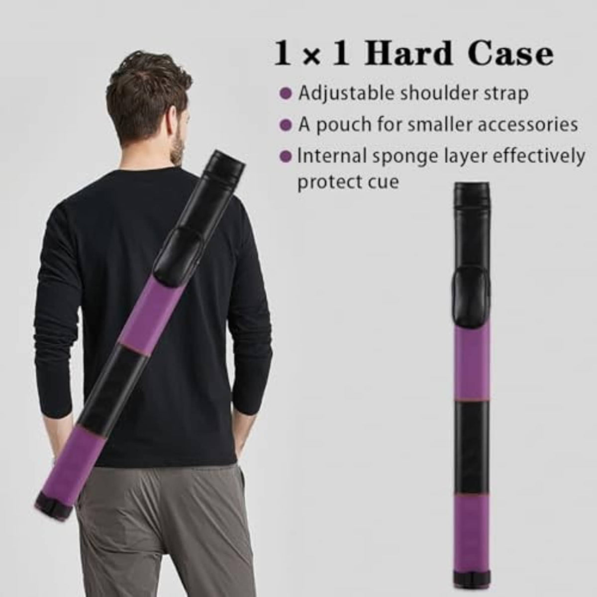 Purple and black billiard cue hard case with adjustable shoulder strap, carried on a user