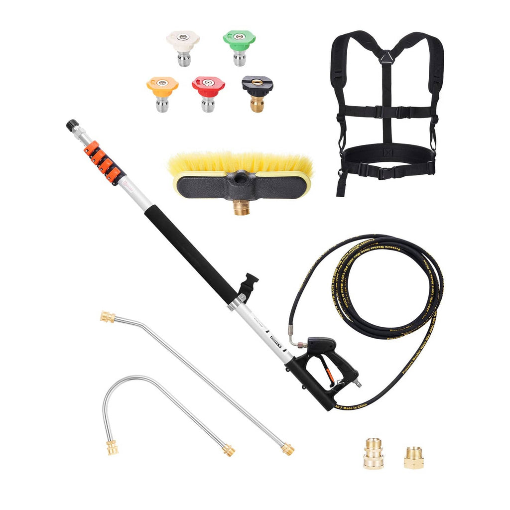 Pressure washer wand kit with brush head, 5 spray nozzles, support harness, and hose