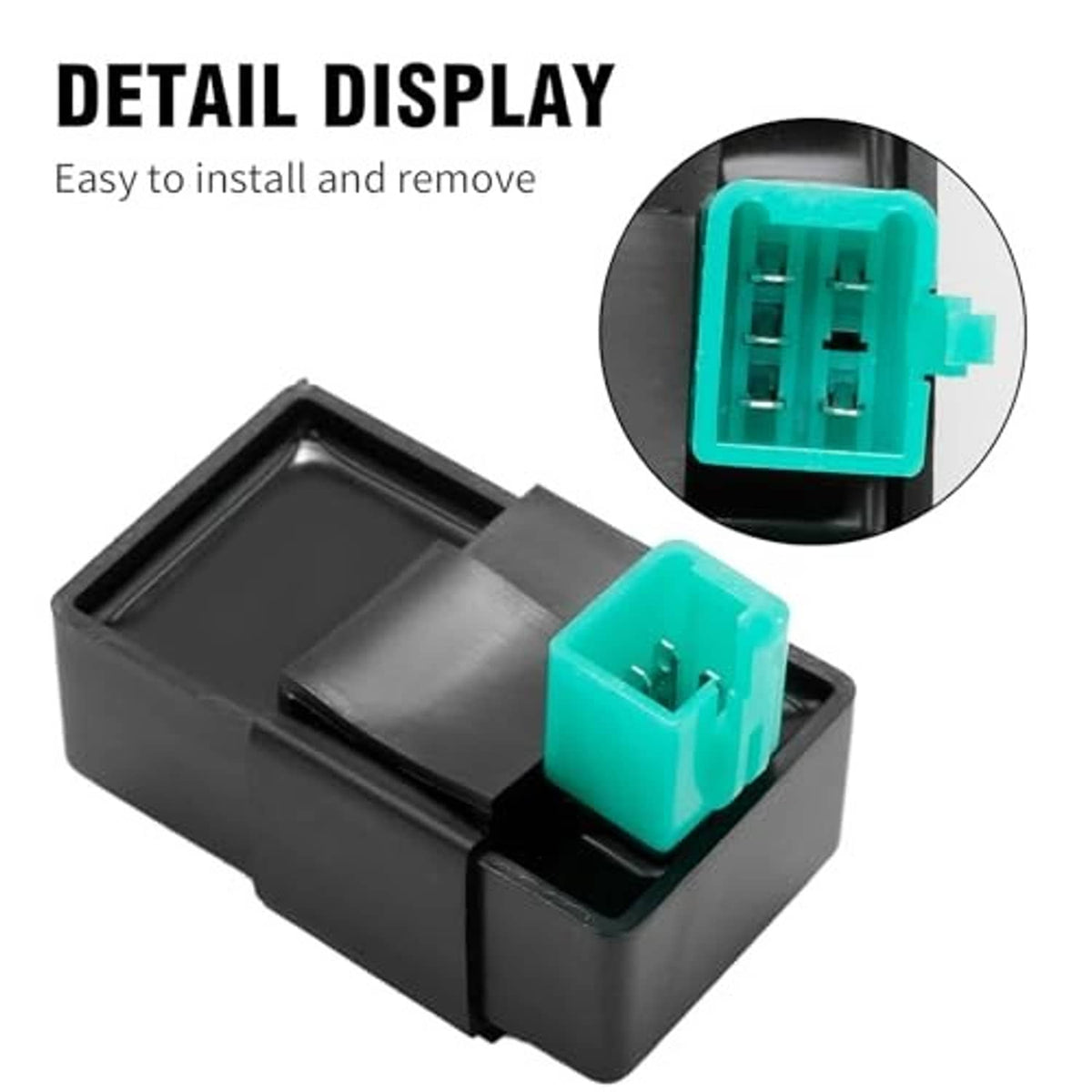 Black CDI box with teal 5-pin plug showing the connector terminals