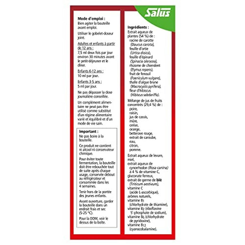 Floradix 250 ml back label with Salus badge, ingredients and directions