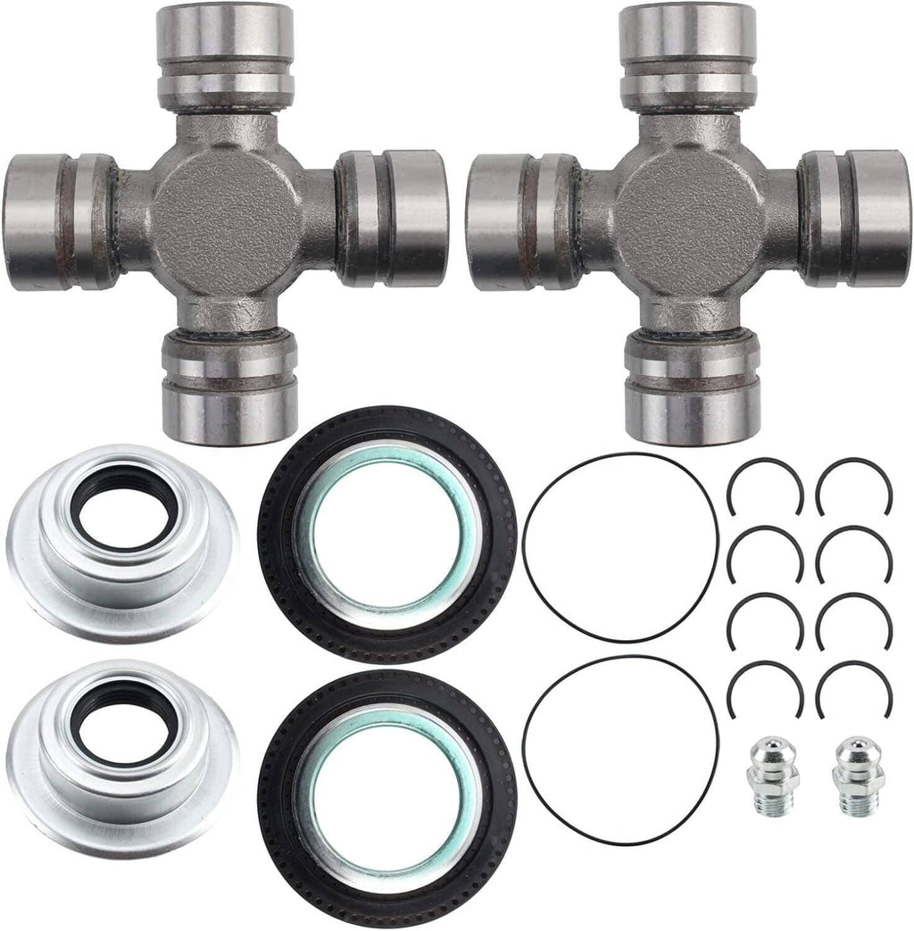 Front axle seal and greaseable U-joint kit with two cross joints, seal rings, and washers
