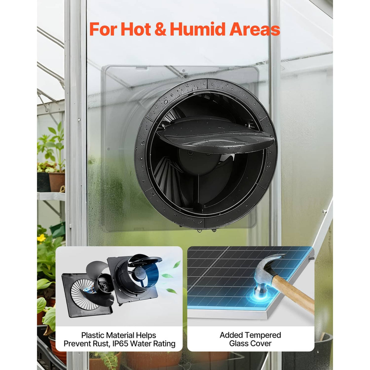 Black solar ventilation fan installed in a greenhouse window frame with transparent enclosure