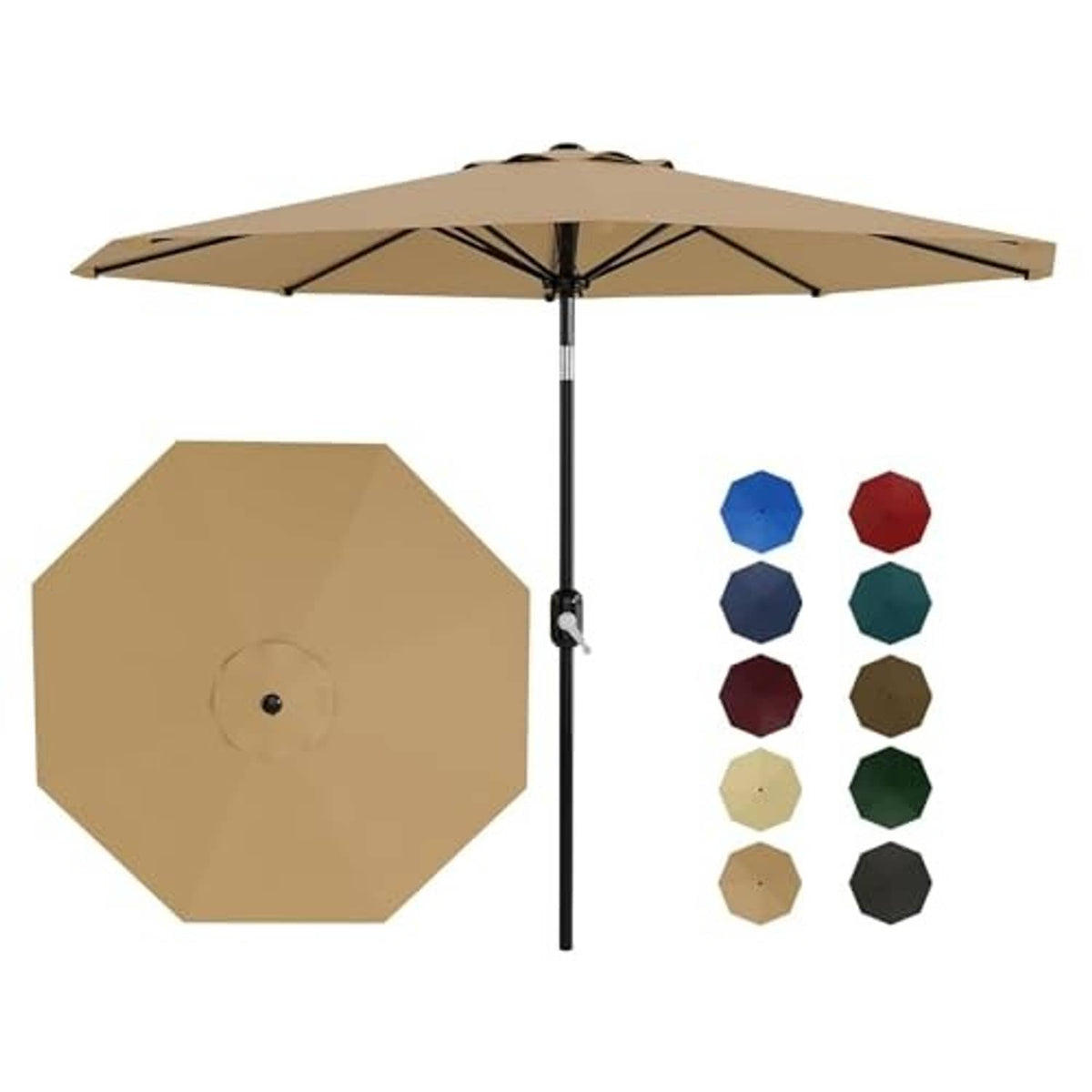 Tan patio table umbrella with octagonal canopy and black center pole; color swatches shown