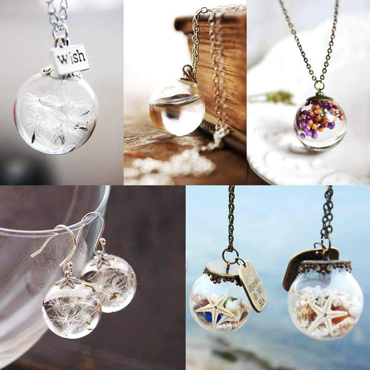 Glass globe pendant bottles with metal caps and chains, filled designs visible in some globes