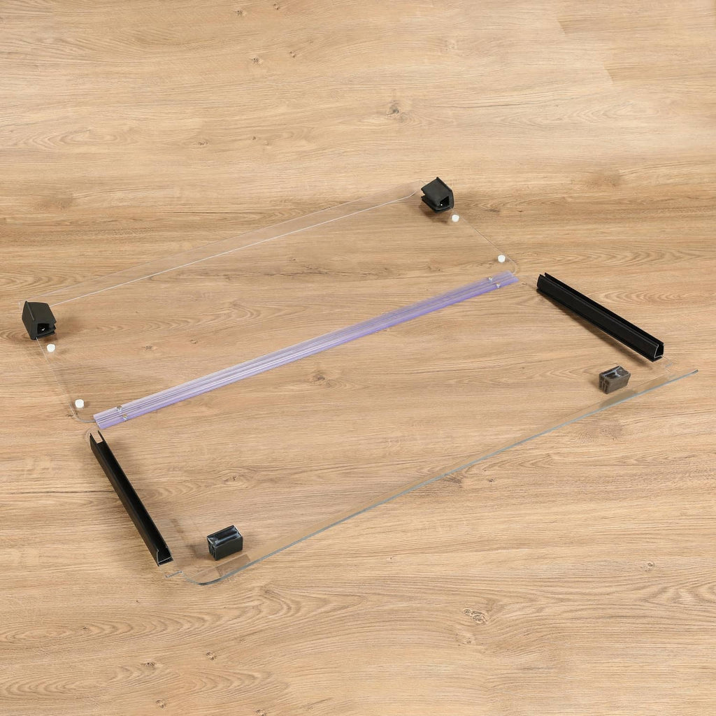 Folding clear golf cart windshield with purple frame struts and black mounting brackets