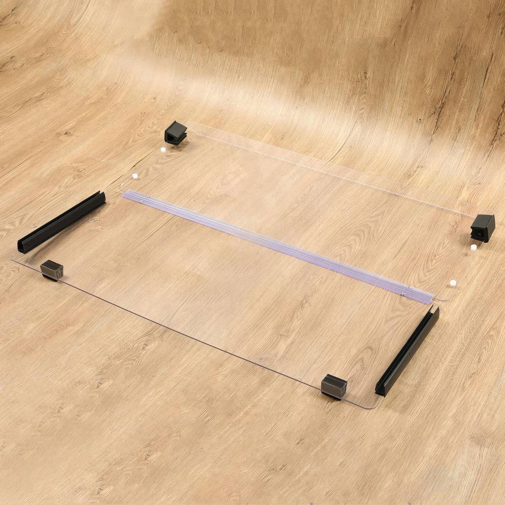 Folding clear windshield frame with black bars, brackets, and fasteners