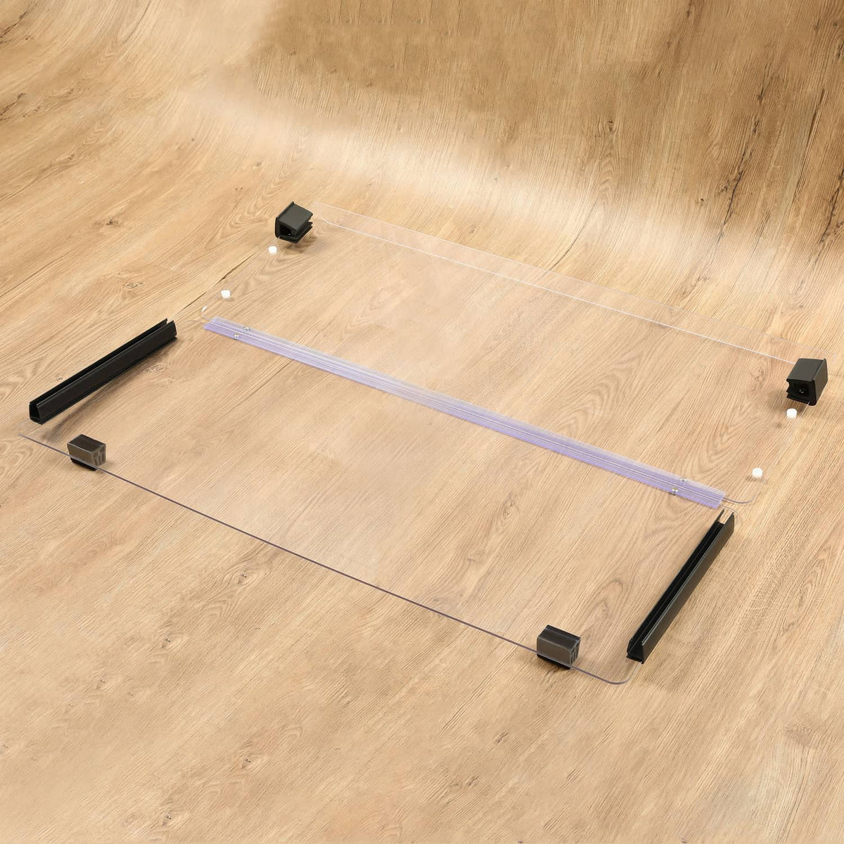 Folding clear windshield frame with black bars, brackets, and fasteners