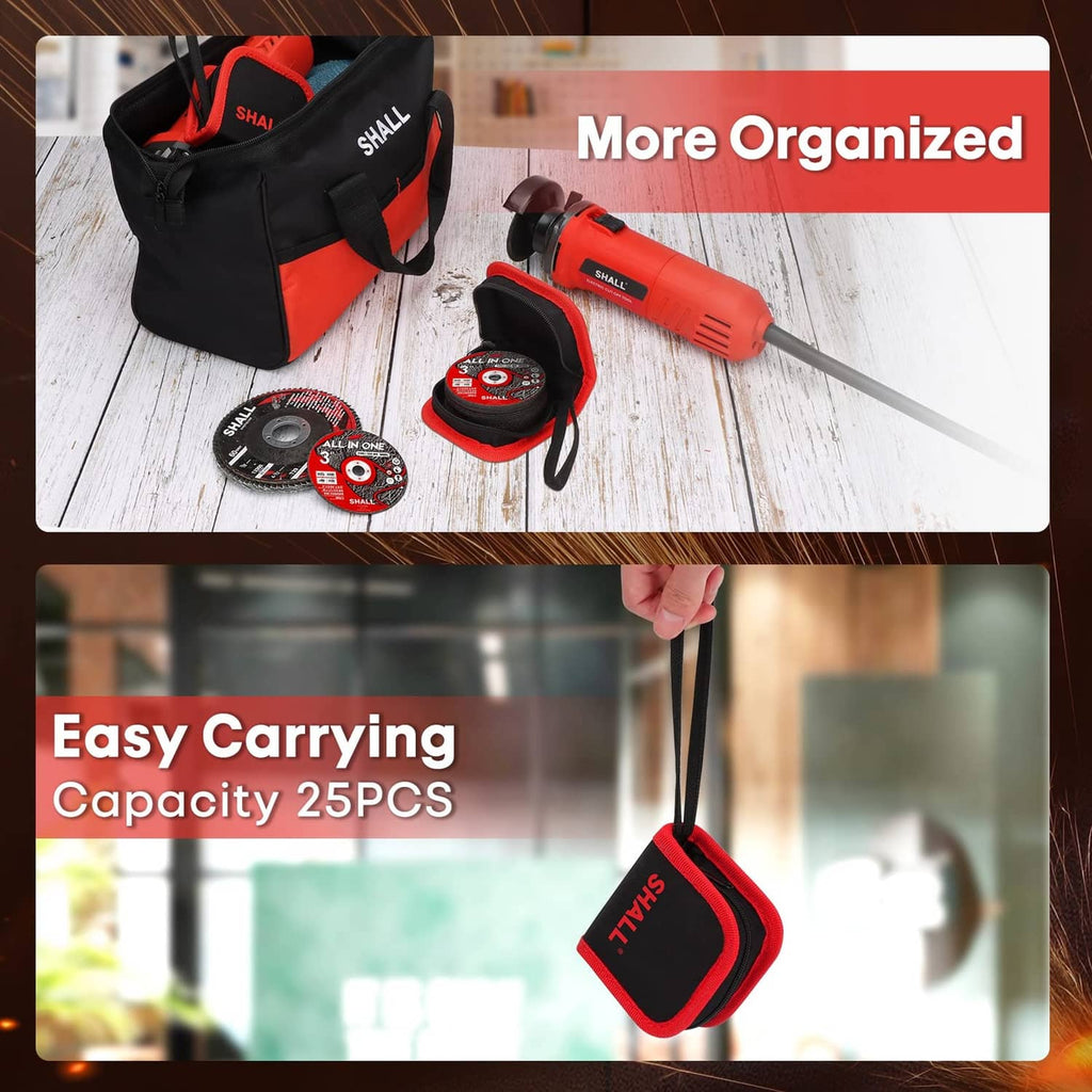 Cut-off wheels with red-and-black labels and a carrying pouch holder