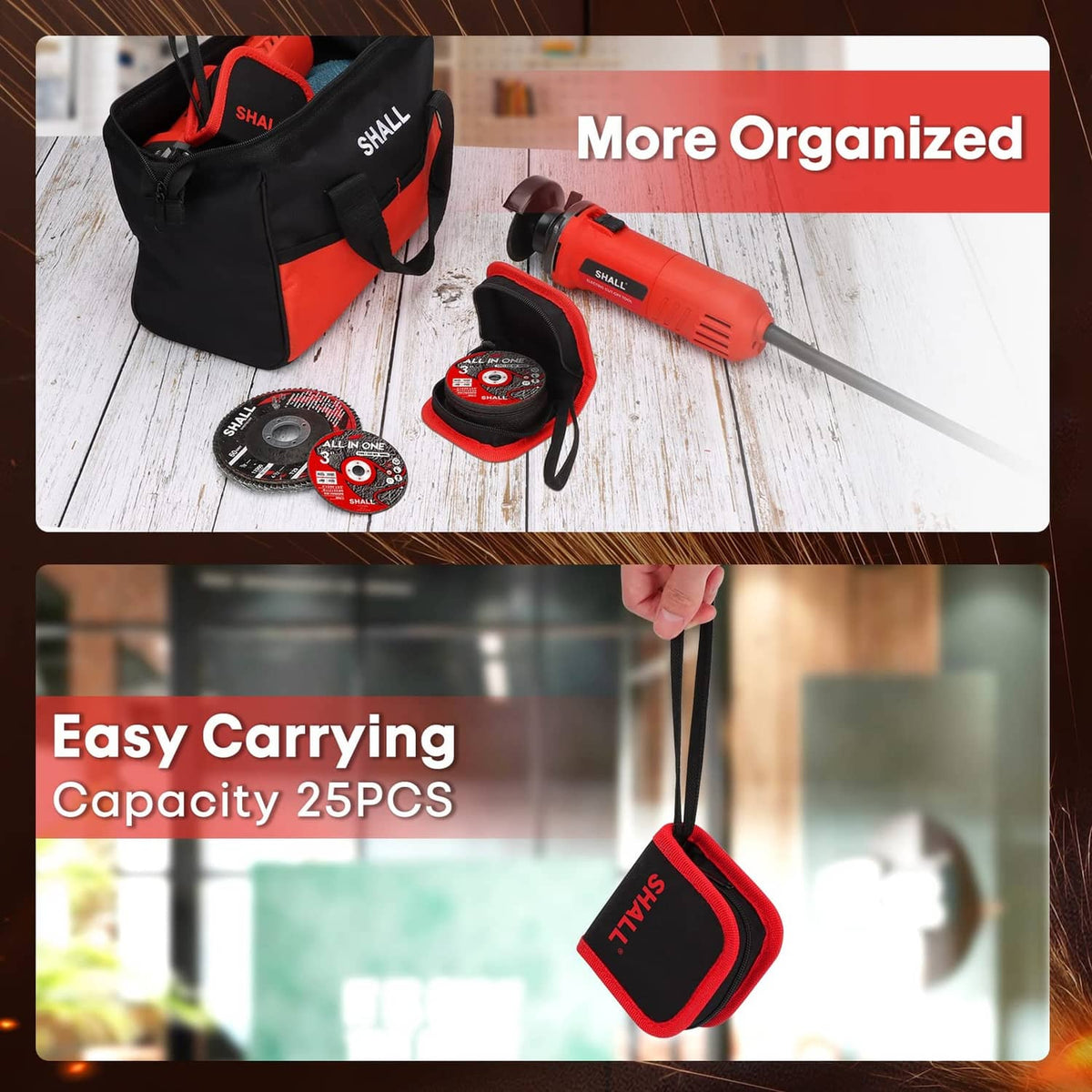 Cut-off wheels with red-and-black labels and a carrying pouch holder