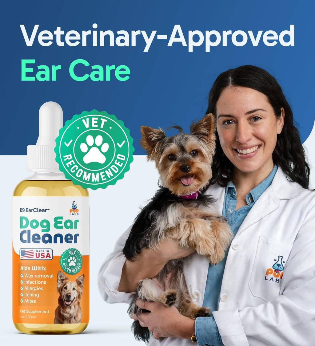 Dog ear cleaner bottle with dropper held by a veterinarian and small dog
