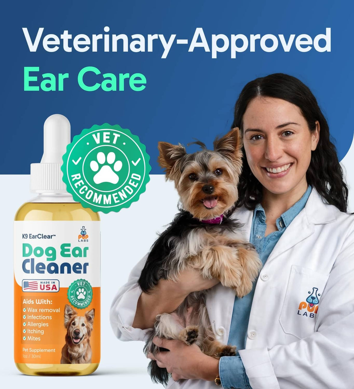 Dog ear cleaner bottle with dropper held by a veterinarian and small dog