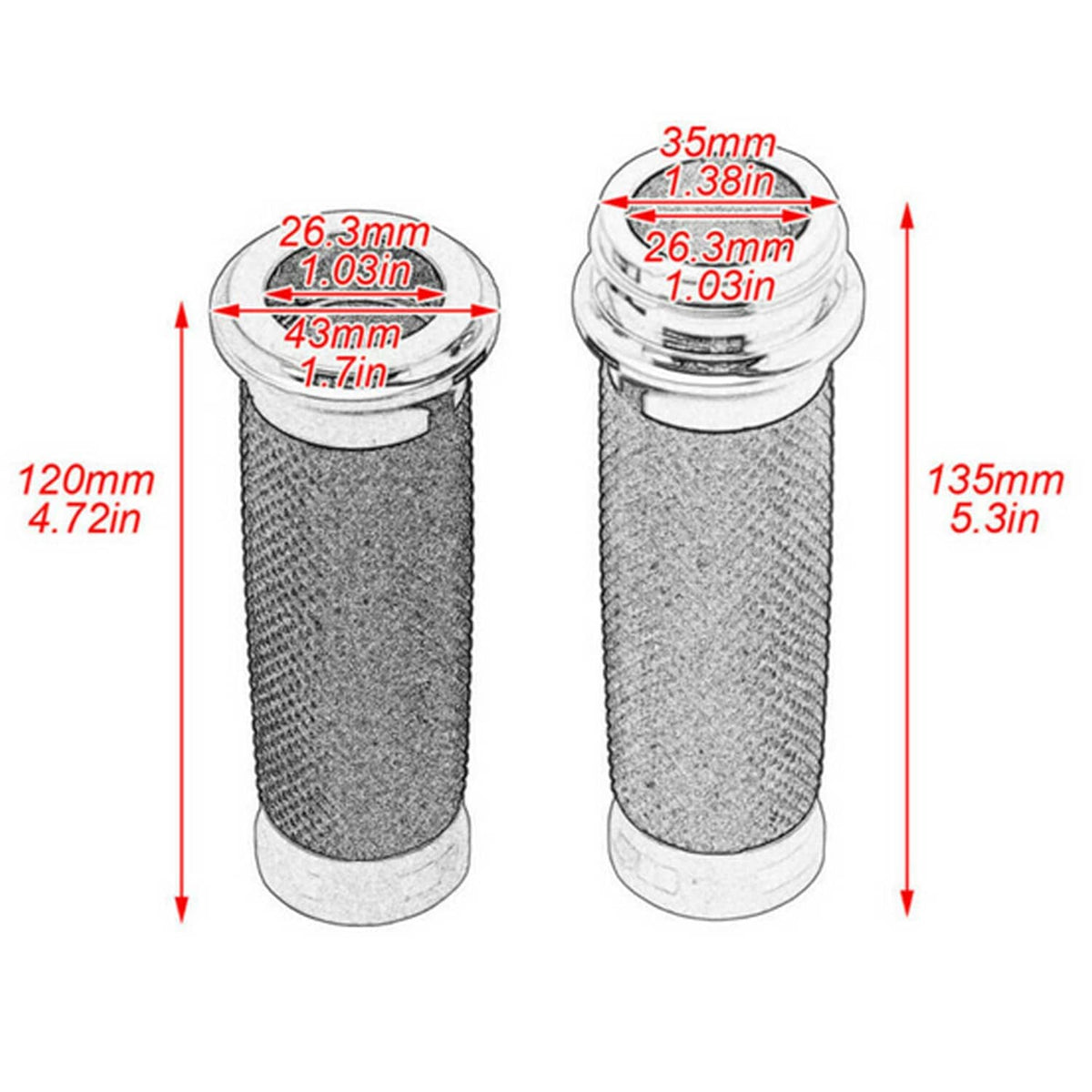 Motorcycle grip dimensions diagram showing black textured rubber and chrome ends