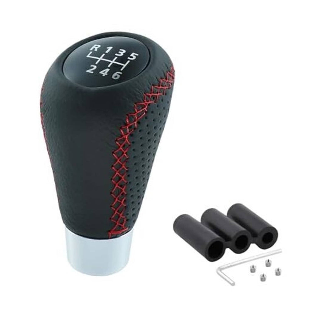 Black leather manual shifter knob with red stitching, 6-speed pattern, includes installation parts