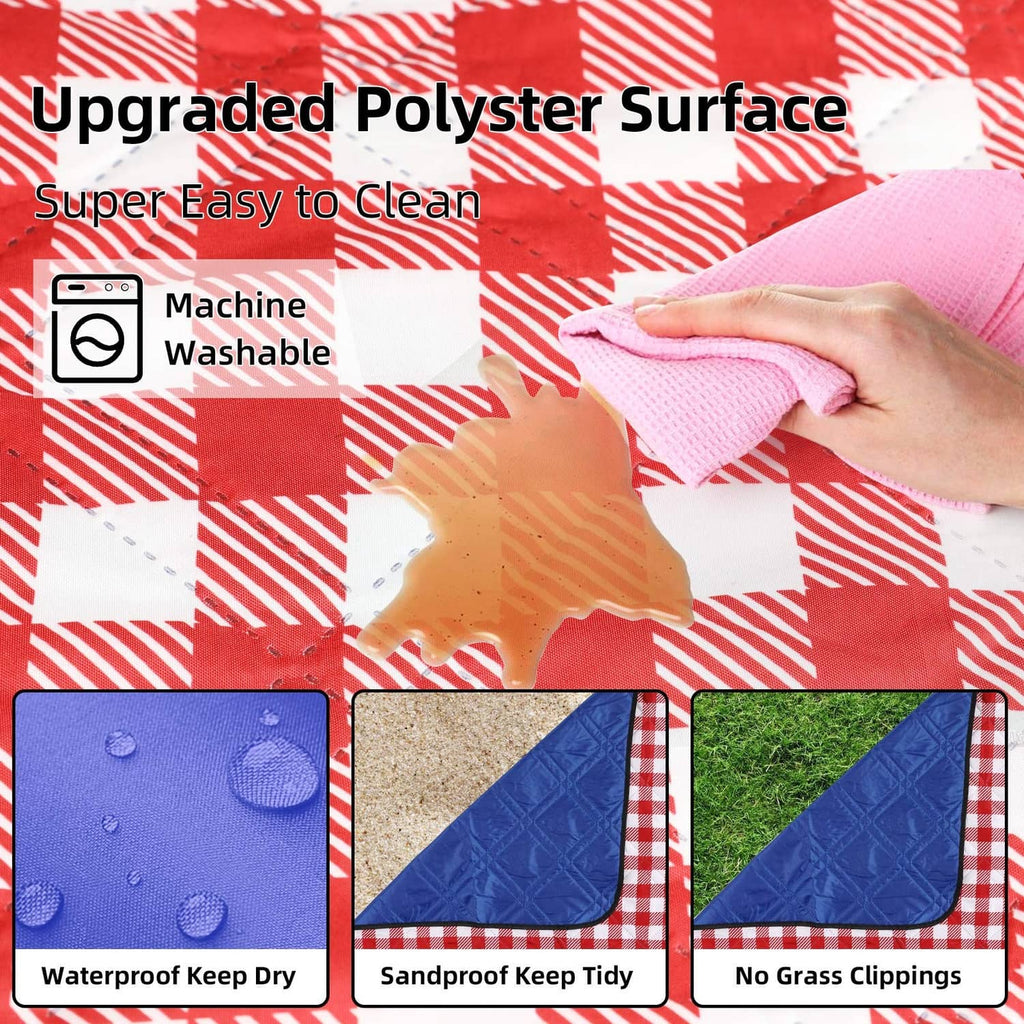 Red and white checkered picnic blanket with water-shedding surface