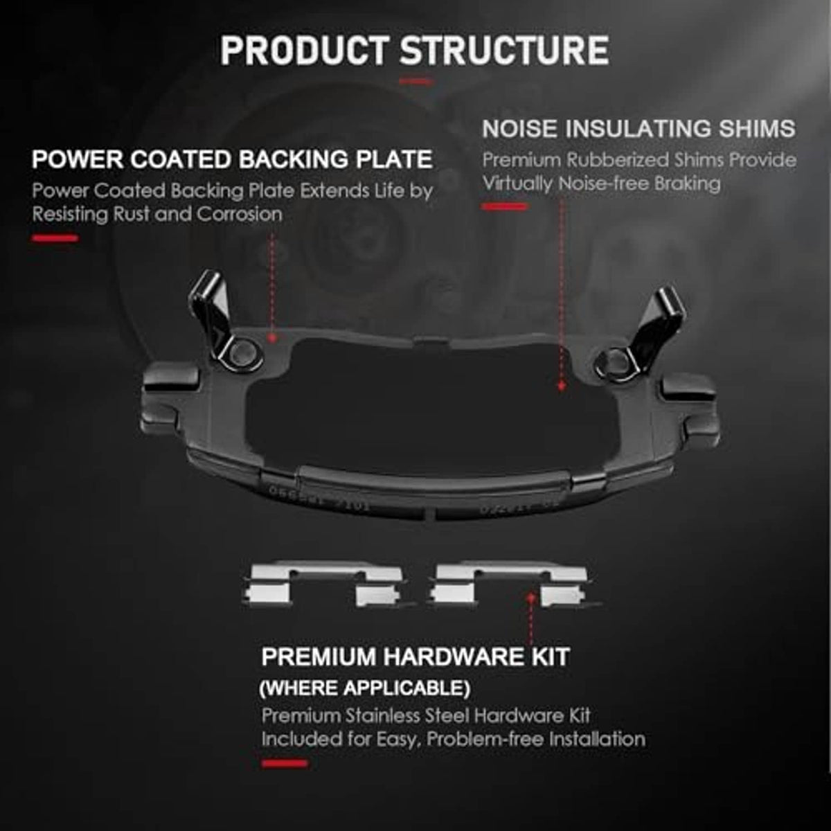 Ceramic brake pad with backing plate and included noise-insulating shim kit