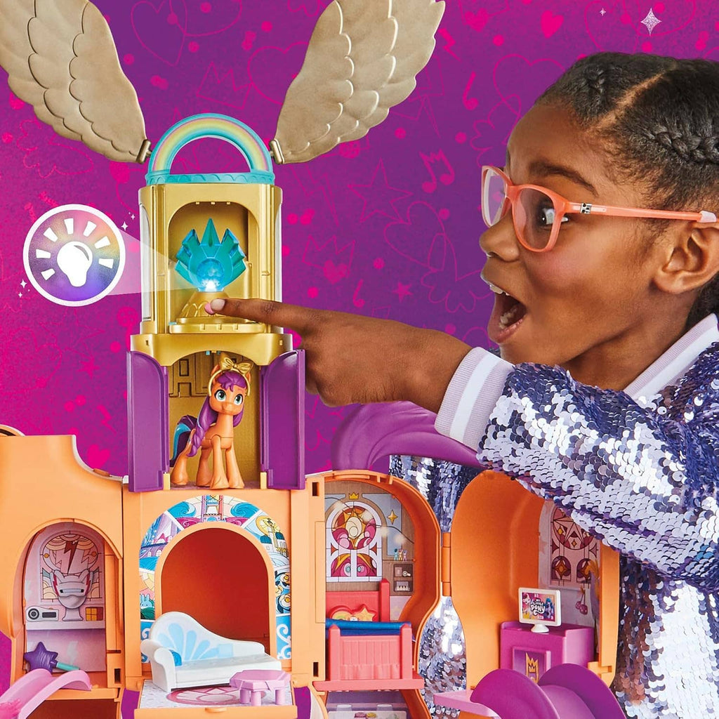 Purple and gold playset with winged top and small Sunny doll figure inside