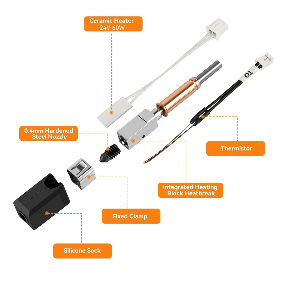 Hotend heater assembly with ceramic heater block, thermistor, silicone sock, and nozzle