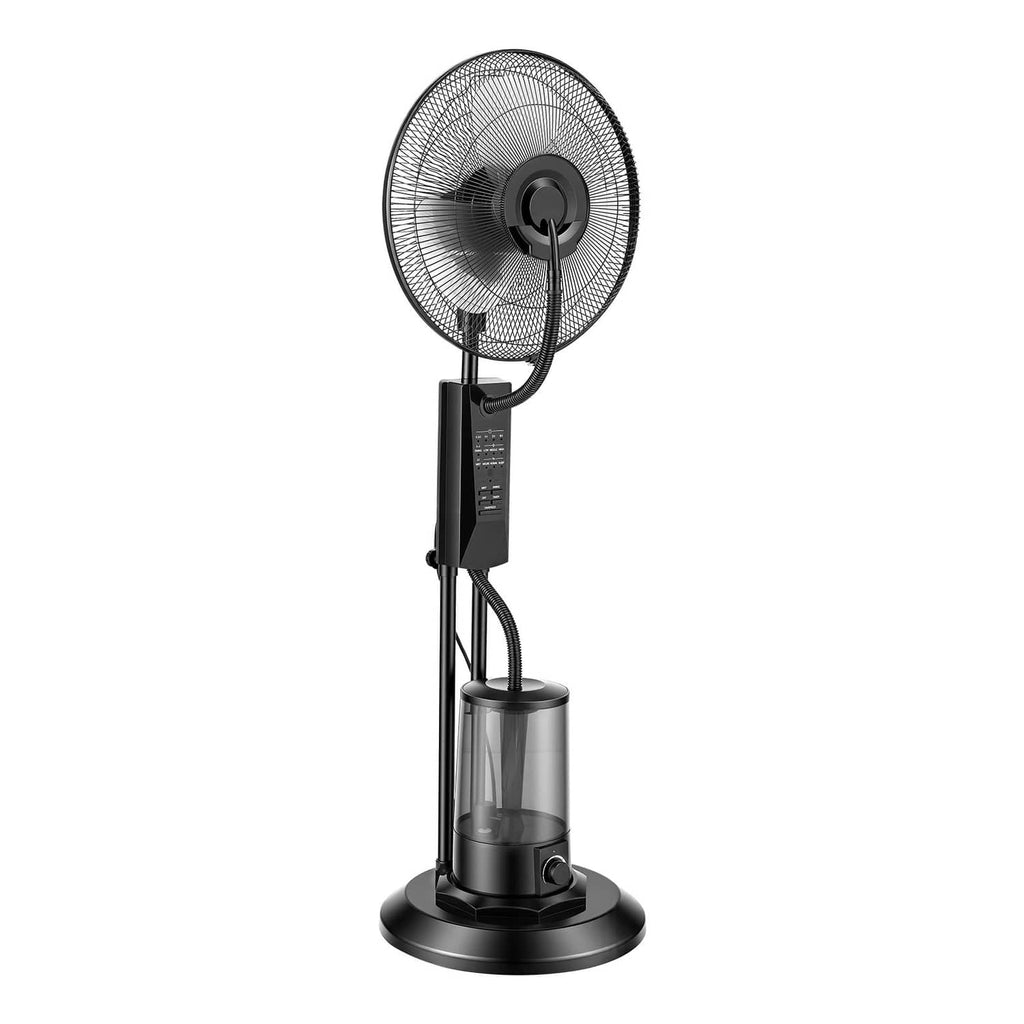 Black standing misting fan with tilt head, tall grille, and transparent water tank