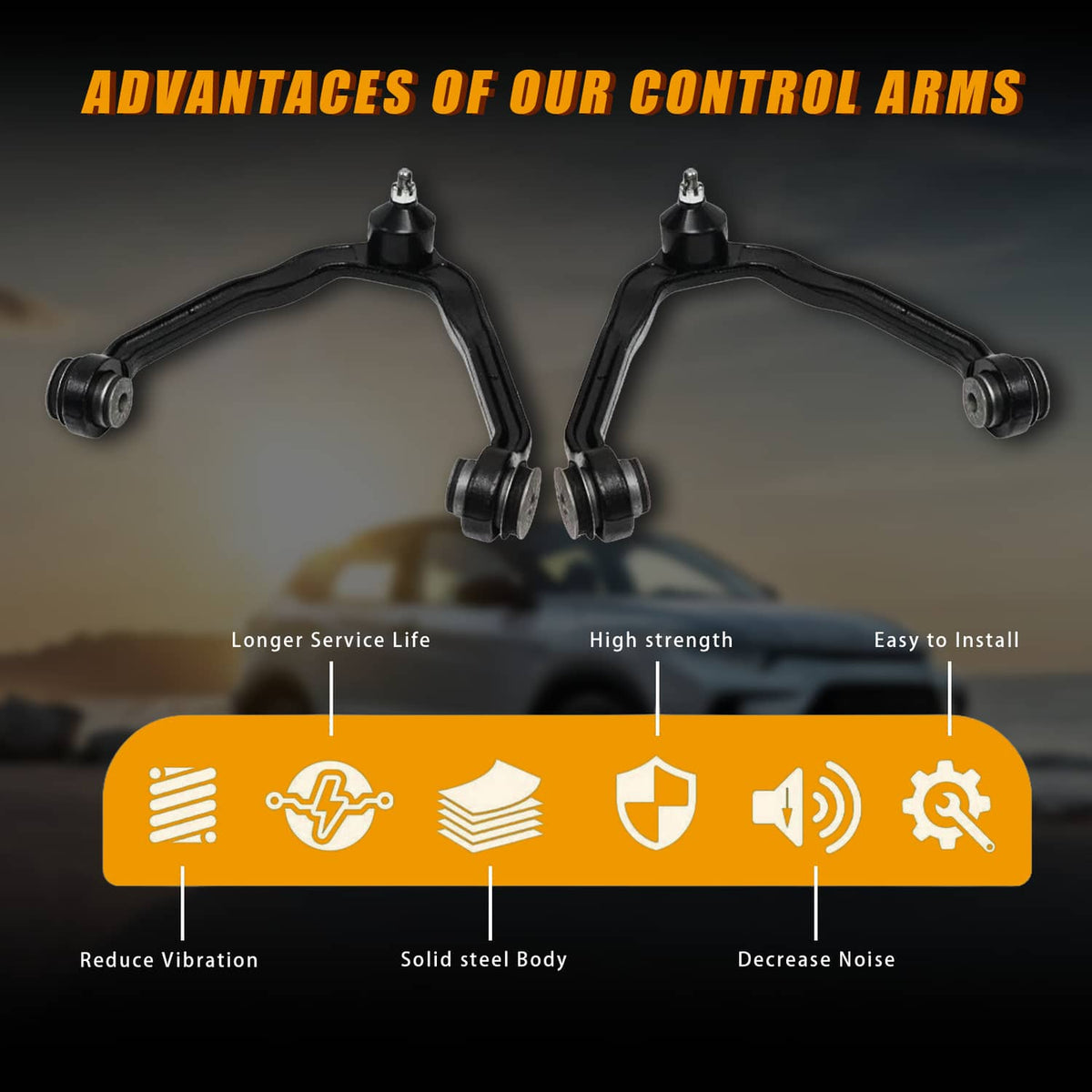 Pair of black front control arms with ball joint ends and bushing mounts.