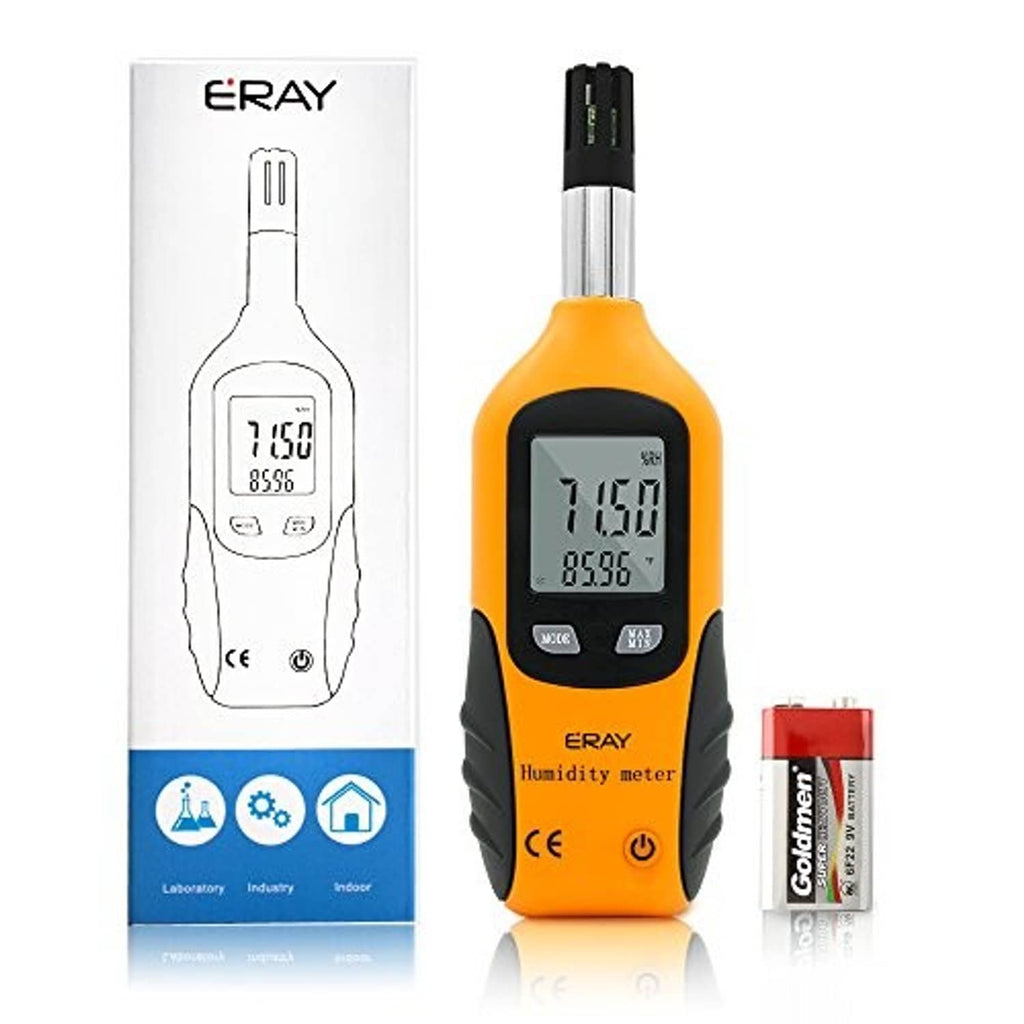 Digital humidity and temperature meter with orange body, black handle, and backlit LCD.