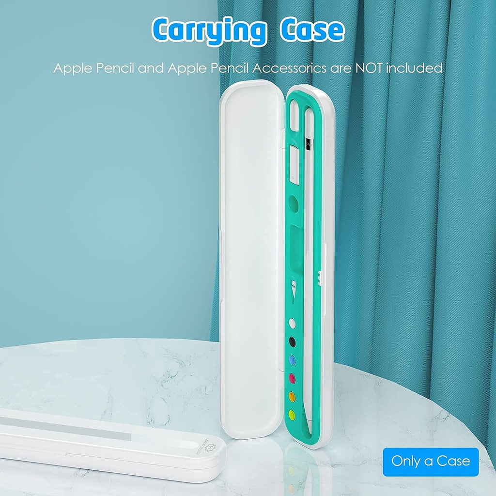 Closed teal and white stylus case with access opening for charging and storage