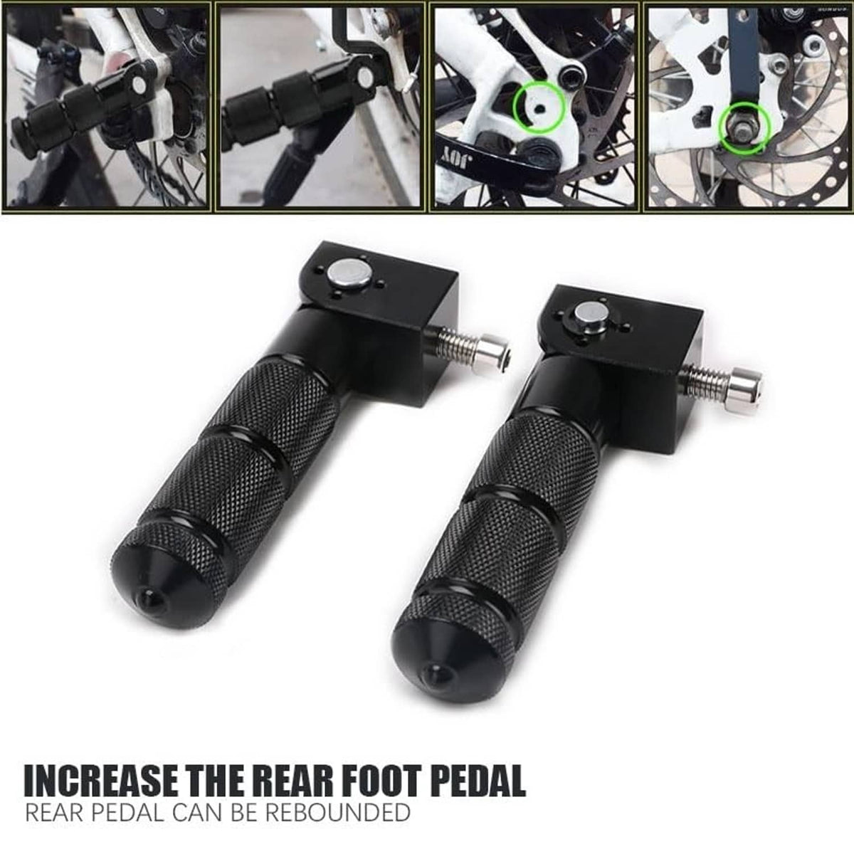 Pair of black foldable motorcycle foot pegs with textured grips and threaded mounting studs