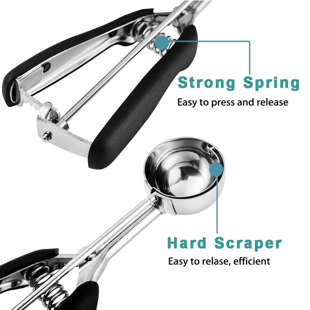 Stainless steel cookie scoop with spring mechanism and hard scraper