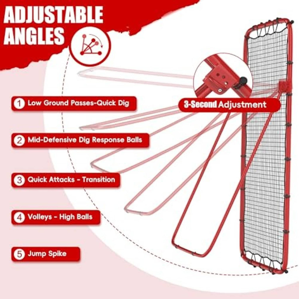 Adjustable rebounder net with red frame and mesh, multiple passing angles shown