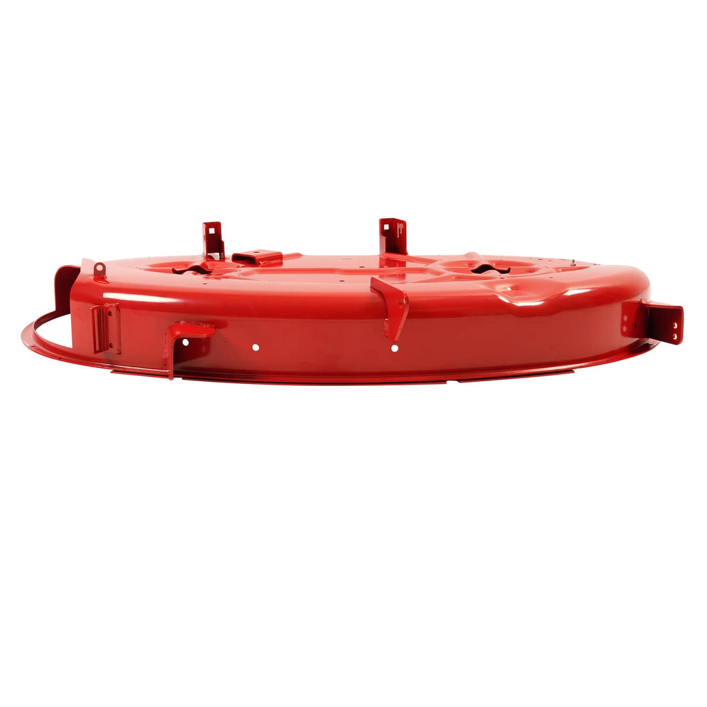 Red 42-inch lawn mower deck shell with mounting brackets and cutout holes