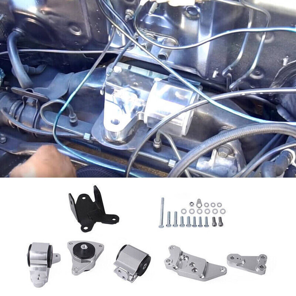 Engine bay motor mount bracket and bolt hardware with black and silver parts