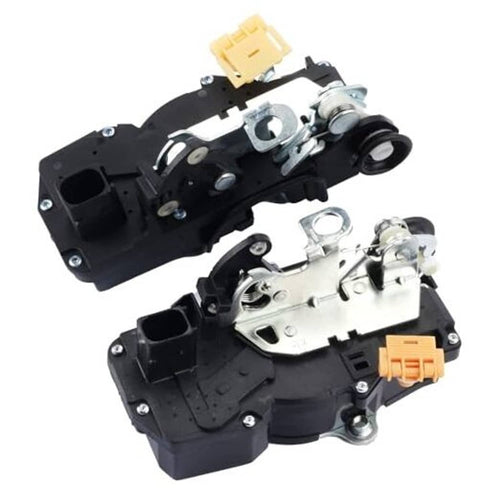 Door lock actuator motor assembly pair, black housings and orange electrical connectors.