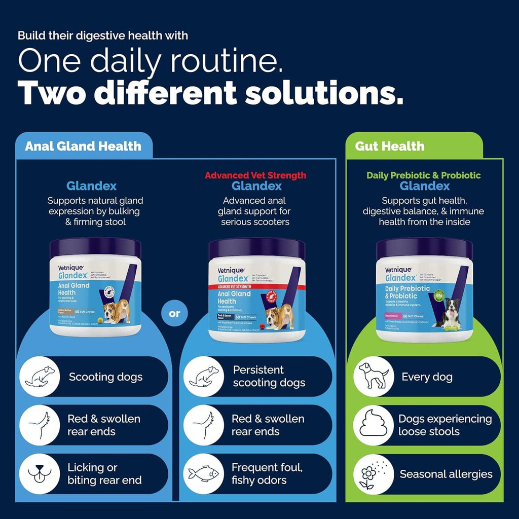 Two-solution comparison graphic for anal gland health and gut health chew options