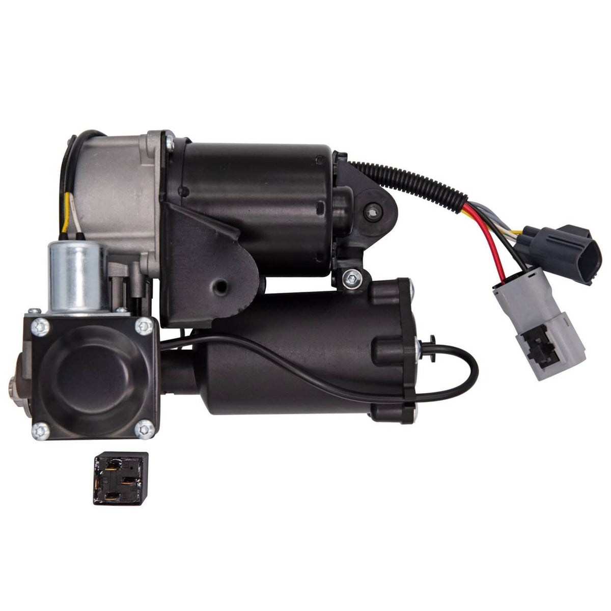Air suspension compressor pump with black housing and multi-wire electrical plugs