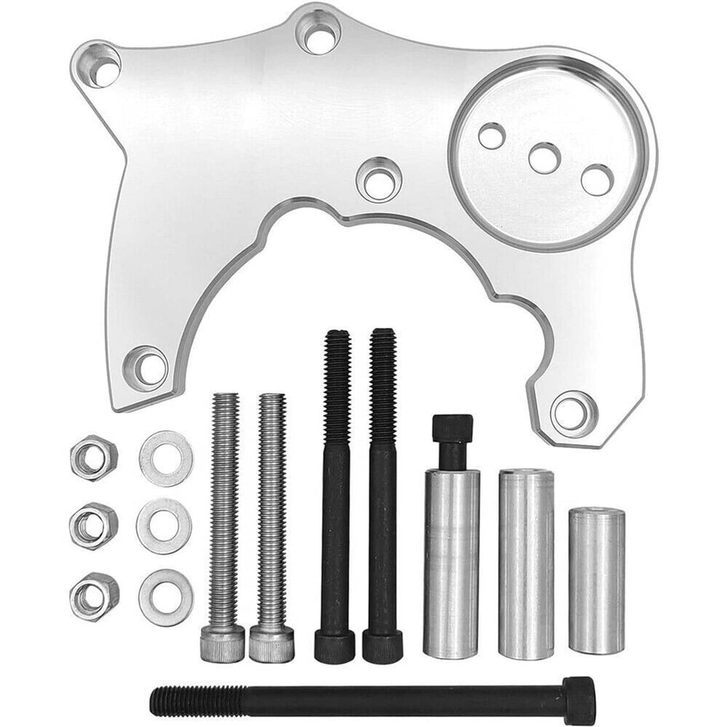 High-mount A/C bracket replacement kit with silver metal bracket, bolts, sleeves, washers
