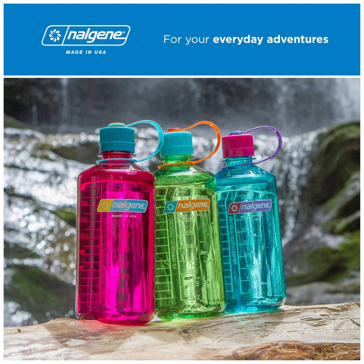 Set of four Nalgene narrow-mouth water bottles in bright colors with loop handles