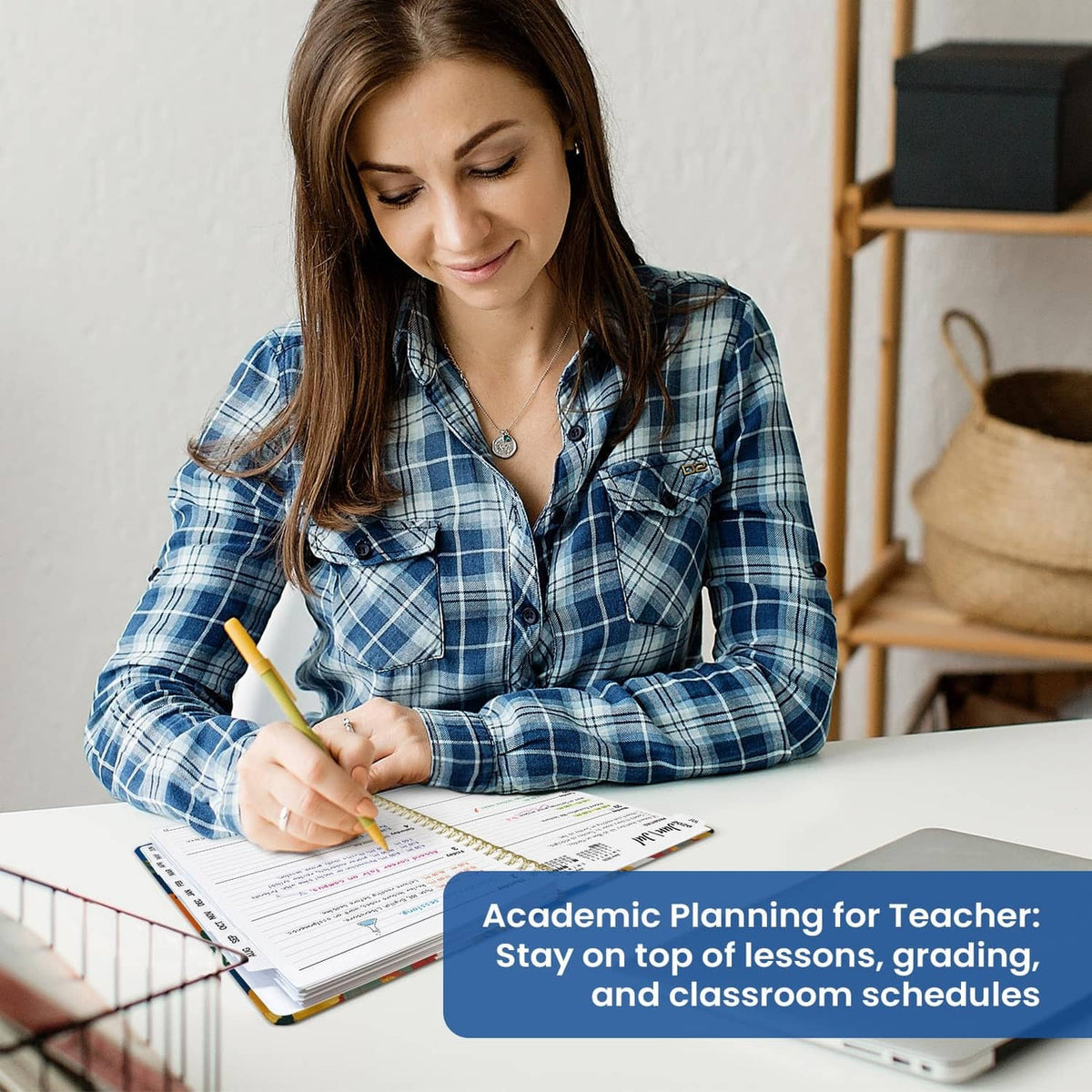 Planner open on a desk, used for lesson planning and classroom schedule writing