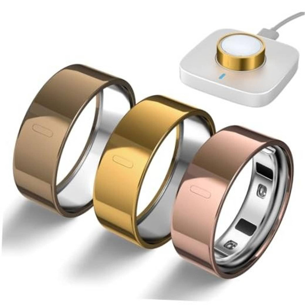 Three metallic ring covers: gold, antique gold, and rose gold bands with open inner edges