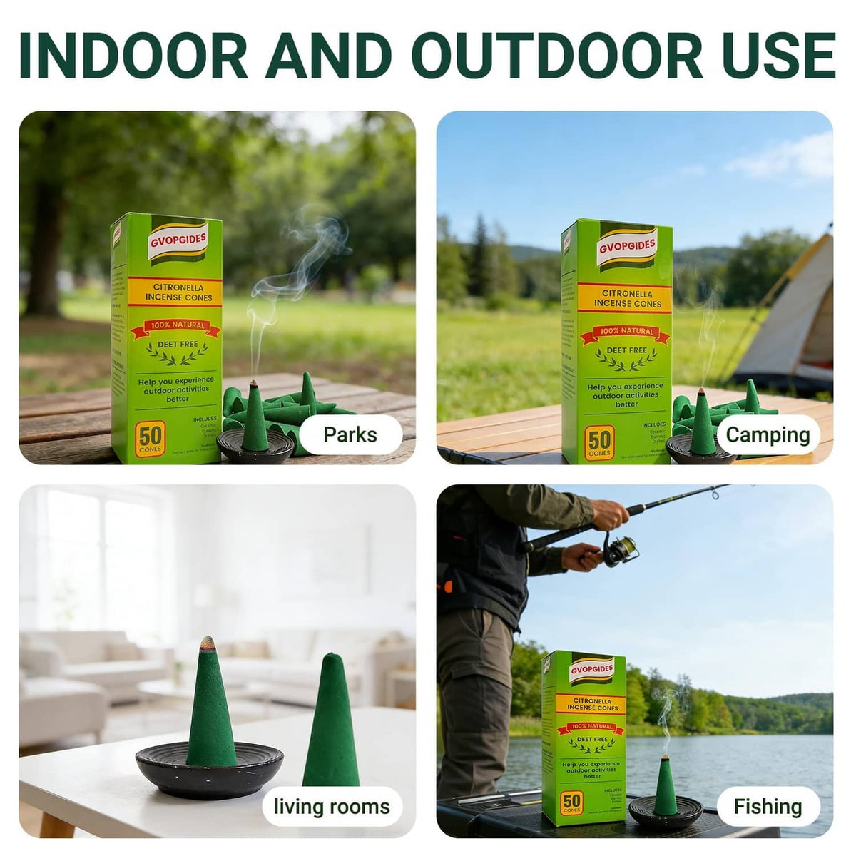 Citronella incense cones box with green cone incense and black dish on a tabletop