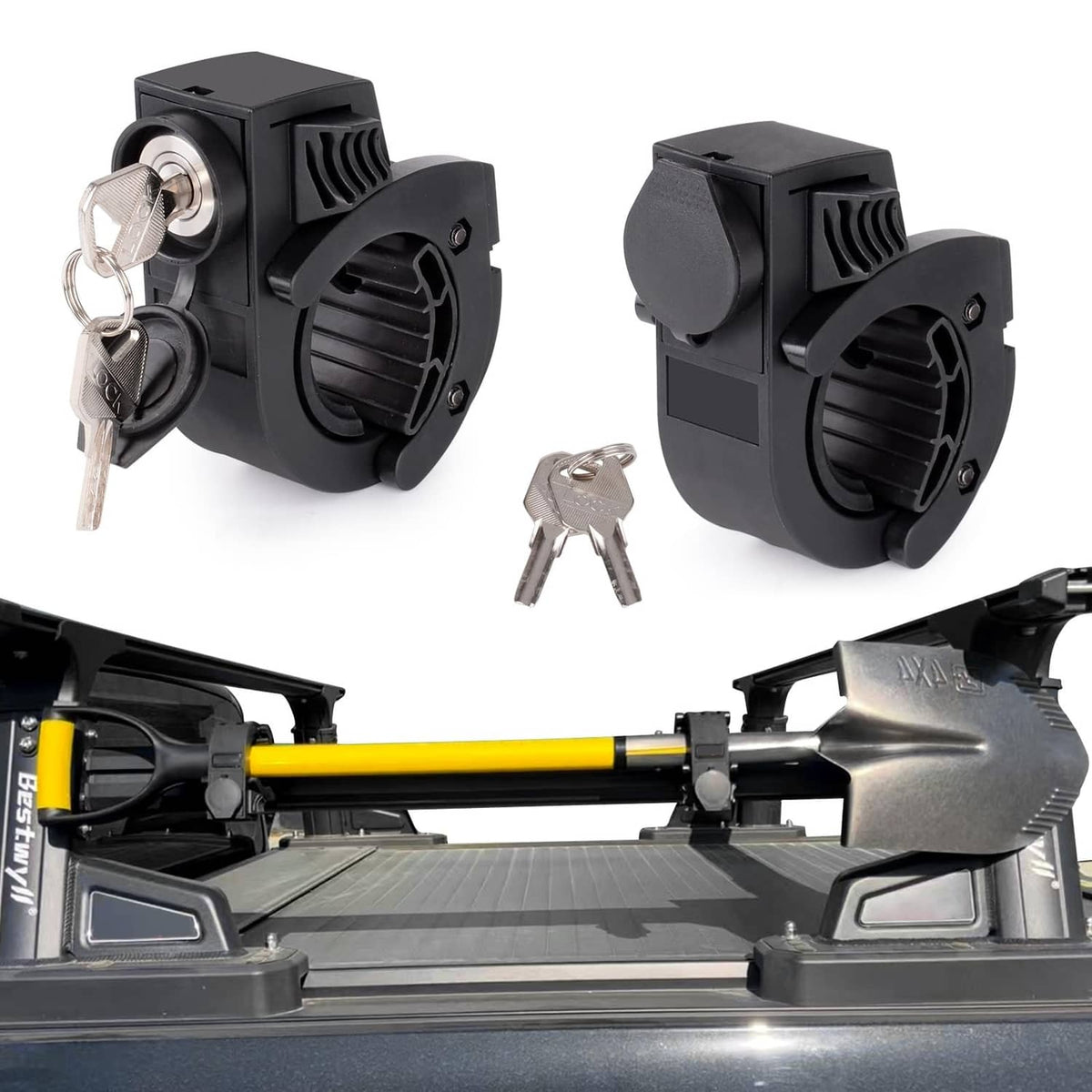 Black shovel holder rubber grip mount clamps with keys and mounted bar