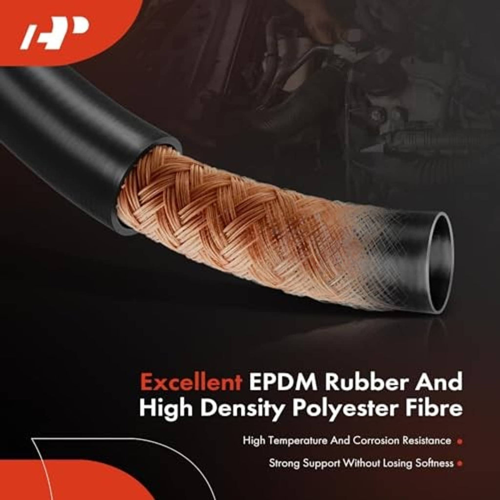 Black radiator hose with reinforced woven section and metal tube end opening
