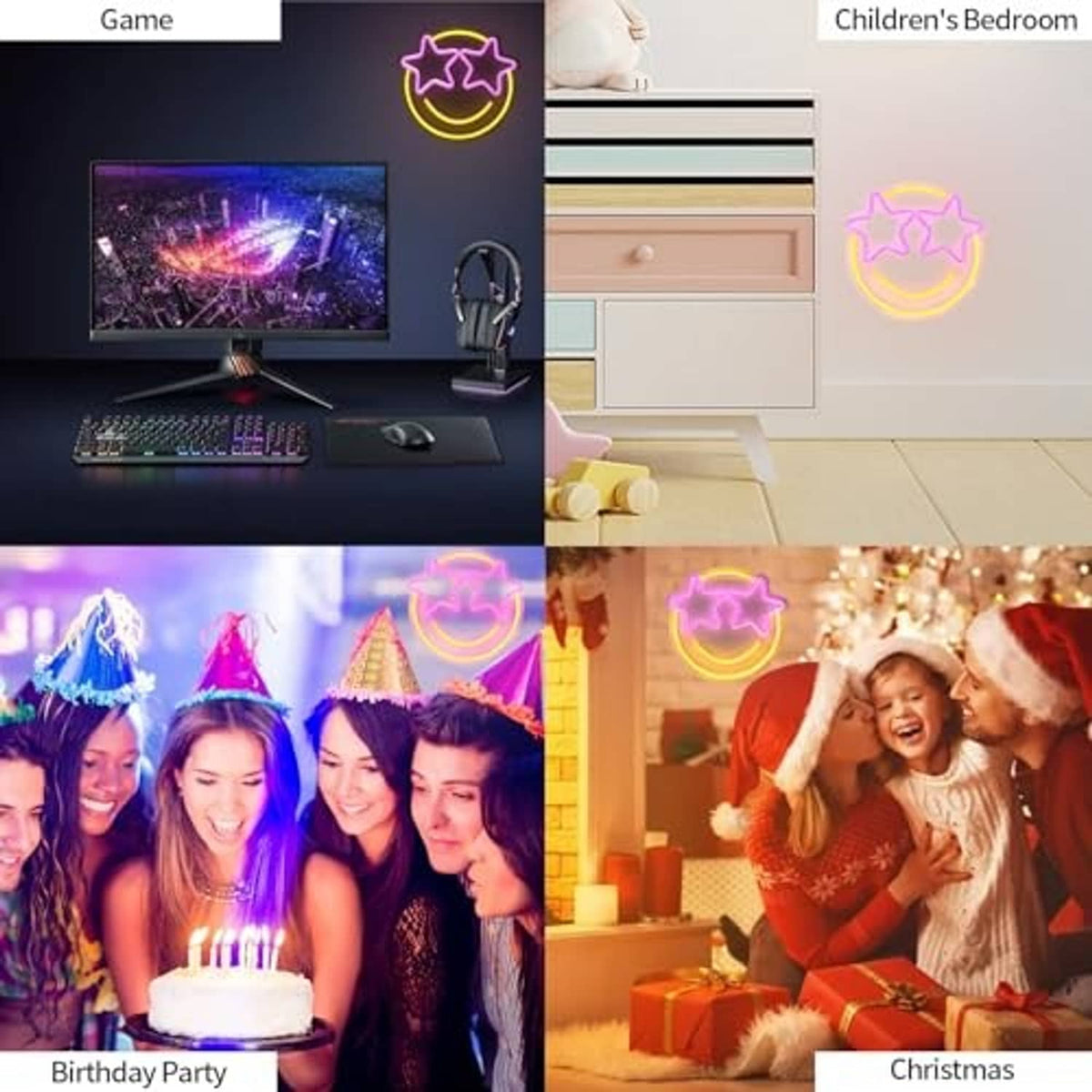 LED smiley star neon sign glowing yellow and purple, used for indoor celebrations