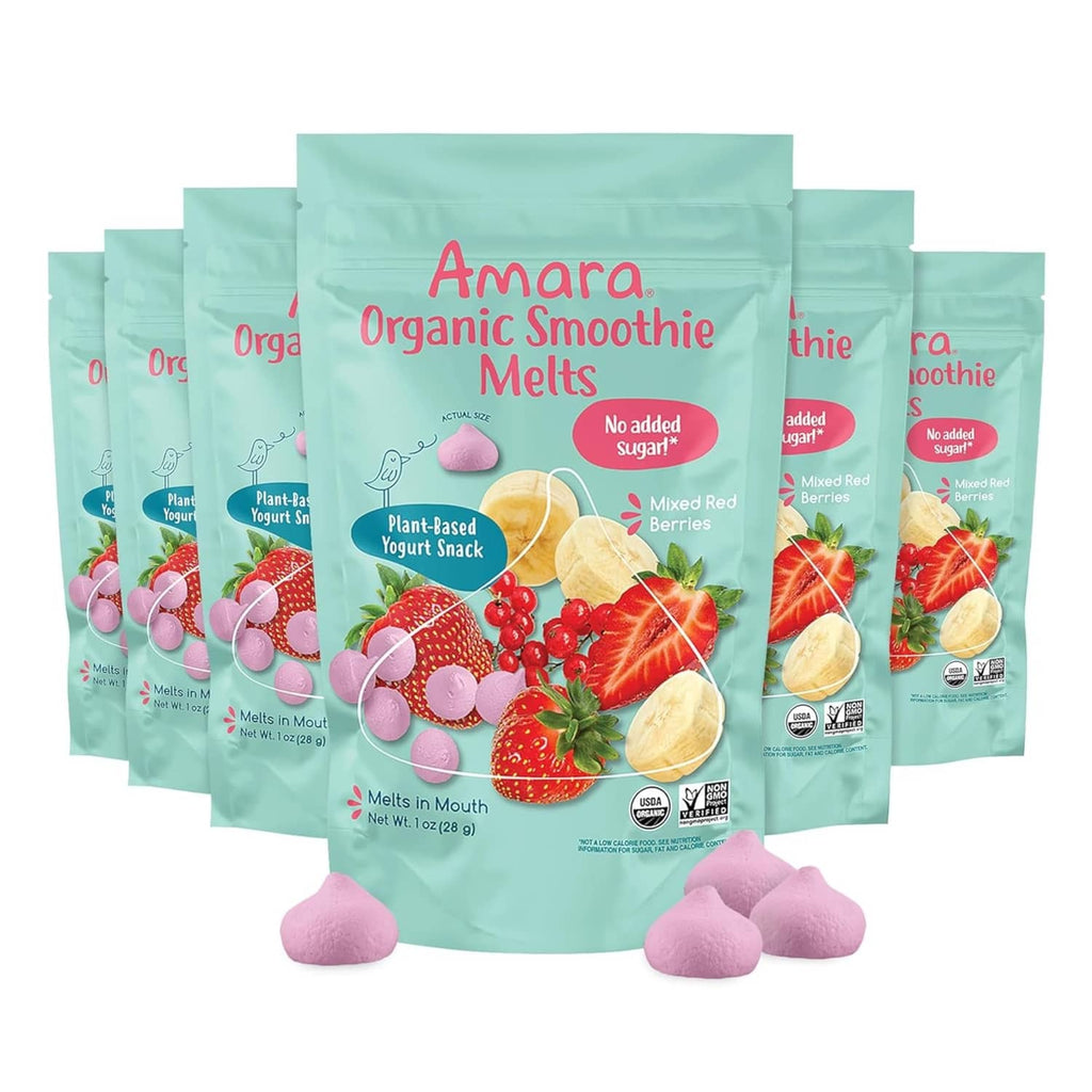 Organic smoothie melts pouch, mixed red berries, with pink melt pieces.